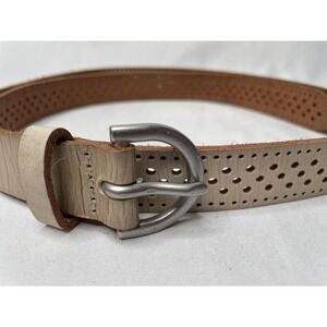 Womens Tan Perforated Leather Belt L Cream Rustic Boho Western Retro 80s Style